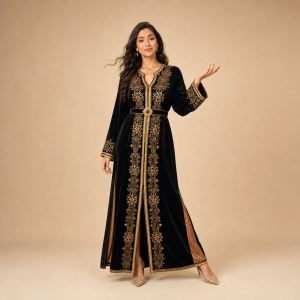 25+ Front view of a black Moroccan caftan with gold geometric detailing and a matching belt