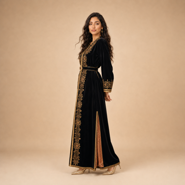 26 Back view of a black Moroccan caftan with gold geometric details, wide cuffs and bronze side panels