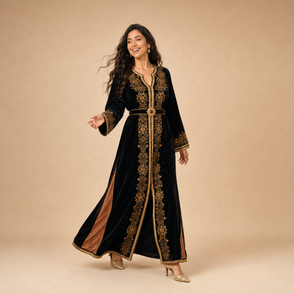 27 Back view of a black Moroccan caftan with gold geometric details, wide cuffs and bronze side panels