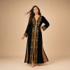 29 Back view of a black Moroccan caftan with gold geometric details, wide cuffs and bronze side panels