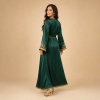 Back view of emerald green Moroccan caftan with gold trim