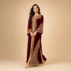 Front view of a burgundy Moroccan caftan with ornate gold detailing and a matching belt