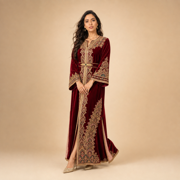 Front view of a burgundy Moroccan caftan with ornate gold detailing and a matching belt