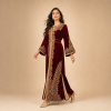 Back view of a burgundy Moroccan caftan with decorated sleeves, gold motifs and contrasting side panels