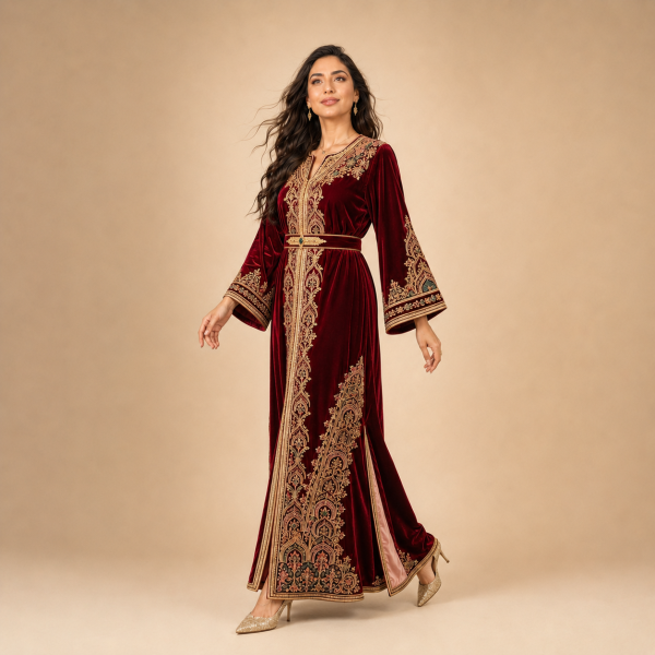 Back view of a burgundy Moroccan caftan with decorated sleeves, gold motifs and contrasting side panels