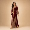 Back view of a burgundy Moroccan caftan with decorated sleeves, gold motifs and contrasting side panels
