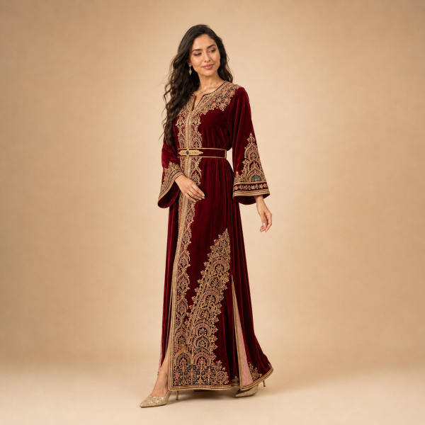 Back view of a burgundy Moroccan caftan with decorated sleeves, gold motifs and contrasting side panels