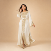 35+ Front view of an ivory Moroccan caftan with gold filigree detailing and a coordinating belt