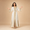39 Back view of an ivory Moroccan caftan with gold sleeve details and an ornamental lower-side design