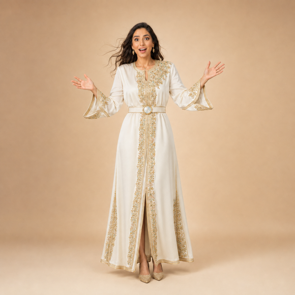 39 Back view of an ivory Moroccan caftan with gold sleeve details and an ornamental lower-side design