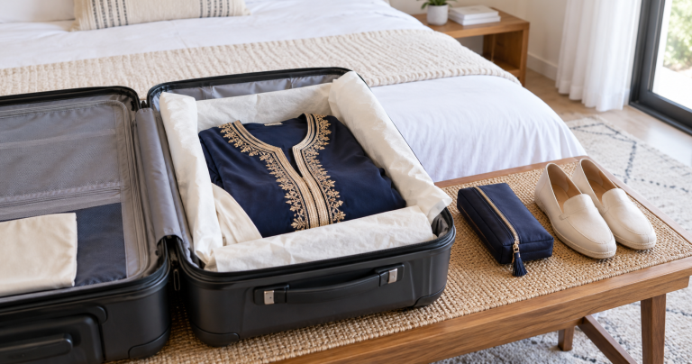 Navy Moroccan caftan packed in a suitcase with protective tissue and a separate belt pouch