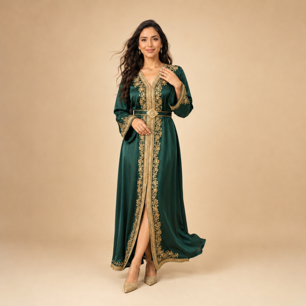 Emerald green Moroccan caftan with matching gold belt