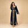 Front view of a navy blue Moroccan caftan with gold fan detailing and a square-buckle belt