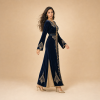 Back view of a navy blue Moroccan caftan with gold cuff details and champagne side panels