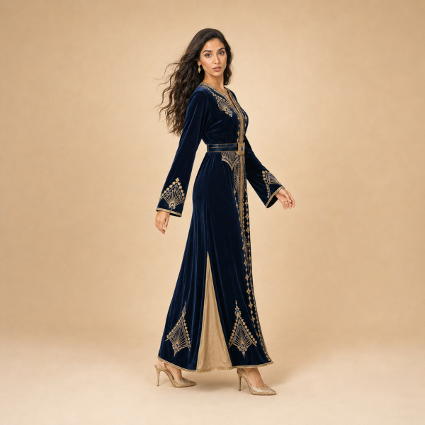 Back view of a navy blue Moroccan caftan with gold cuff details and champagne side panels