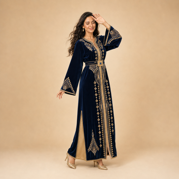 Back view of a navy blue Moroccan caftan with gold cuff details and champagne side panels