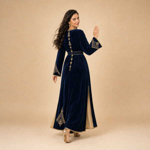 Back view of a navy blue Moroccan caftan with gold cuff details and champagne side panels