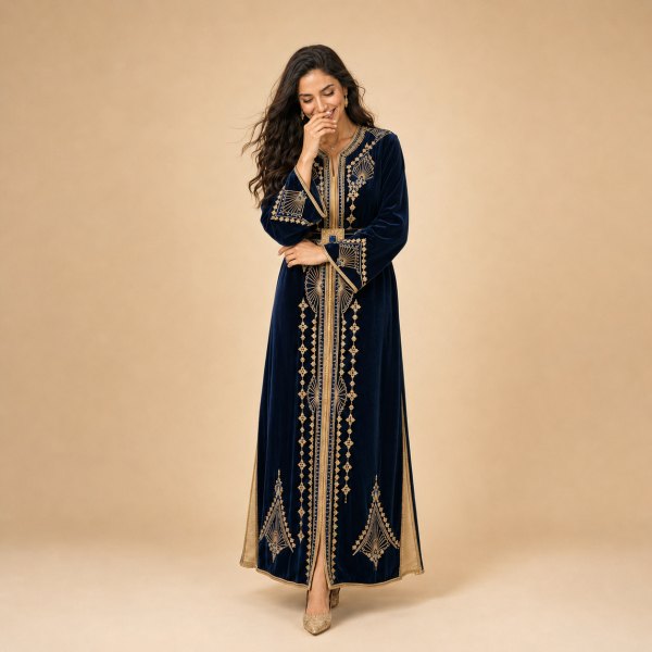 Back view of a navy blue Moroccan caftan with gold cuff details and champagne side panels