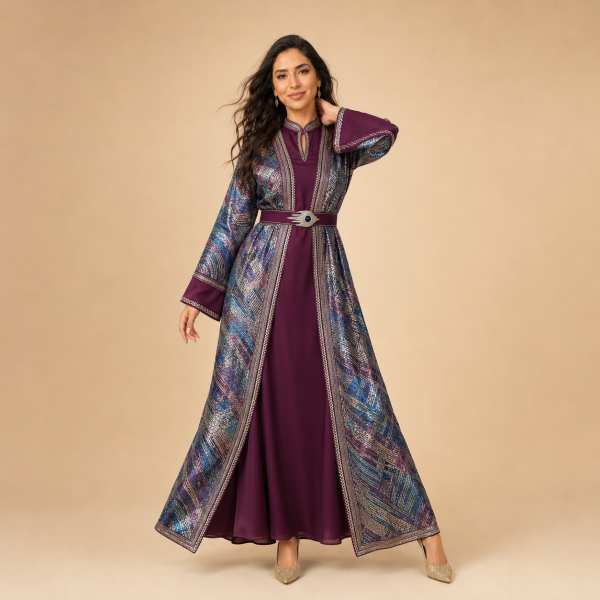45+ Front view of a plum Moroccan caftan with multicolour geometric panels and a coordinating belt