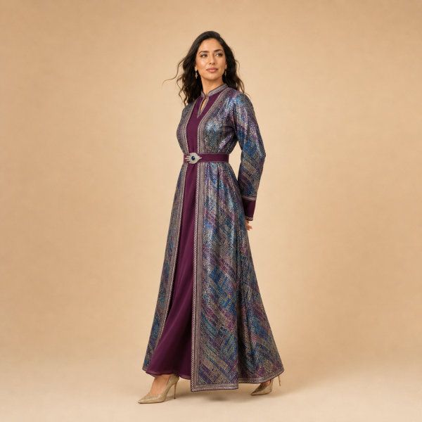 46 Back view of a plum Moroccan caftan with multicolour patterned panels and wide sleeves