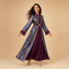 47 Back view of a plum Moroccan caftan with multicolour patterned panels and wide sleeves