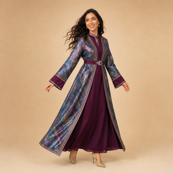 47 Back view of a plum Moroccan caftan with multicolour patterned panels and wide sleeves