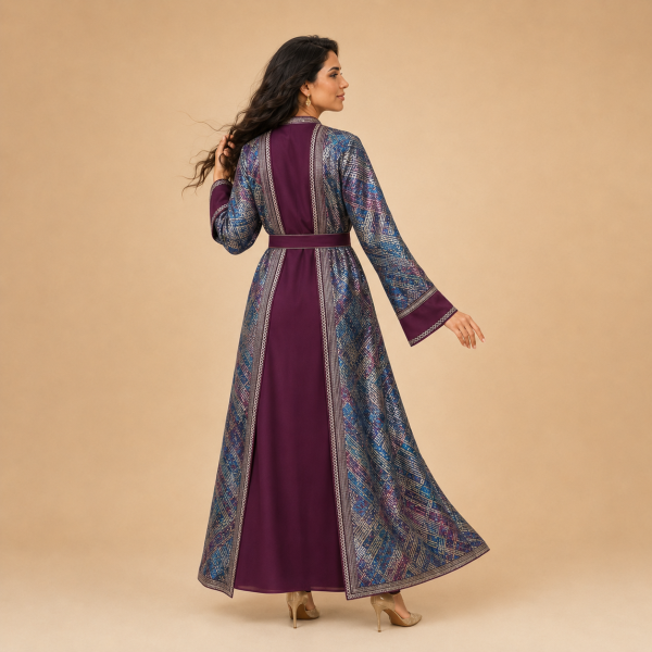 48 Back view of a plum Moroccan caftan with multicolour patterned panels and wide sleeves