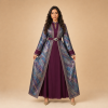 49 Back view of a plum Moroccan caftan with multicolour patterned panels and wide sleeves