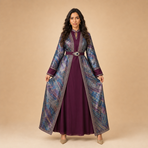 49 Back view of a plum Moroccan caftan with multicolour patterned panels and wide sleeves