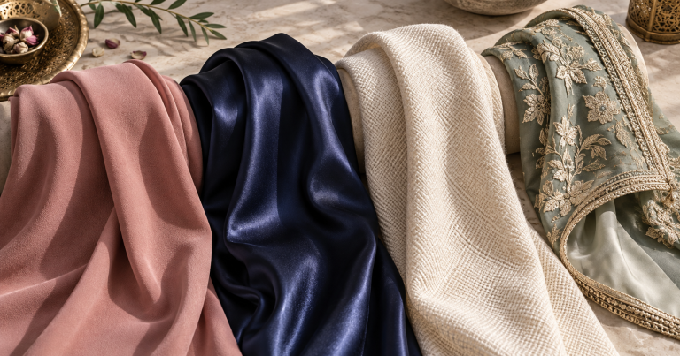 Four caftan fabrics arranged to compare drape, texture, weight and sheen