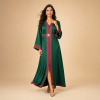 5+ Front view of an emerald green Moroccan caftan with ruby-red detailing and a coordinating waist belt