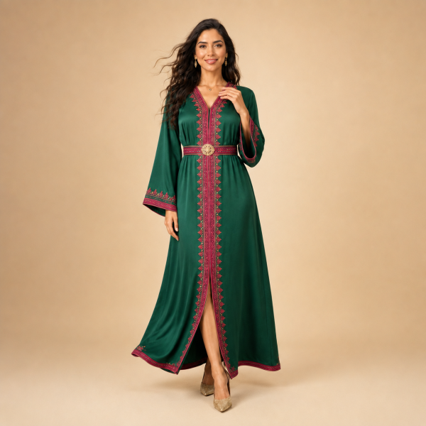 5+ Front view of an emerald green Moroccan caftan with ruby-red detailing and a coordinating waist belt