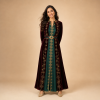 50+ Front view of a wine-red and emerald Moroccan caftan with gold star detailing and a matching belt
