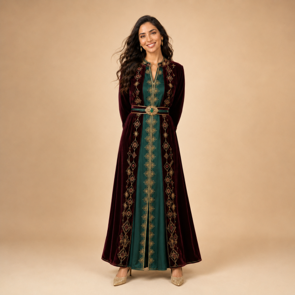 50+ Front view of a wine-red and emerald Moroccan caftan with gold star detailing and a matching belt