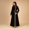 51 Back view of a wine-red Moroccan caftan with an emerald panel, gold motifs and contrasting cuffs