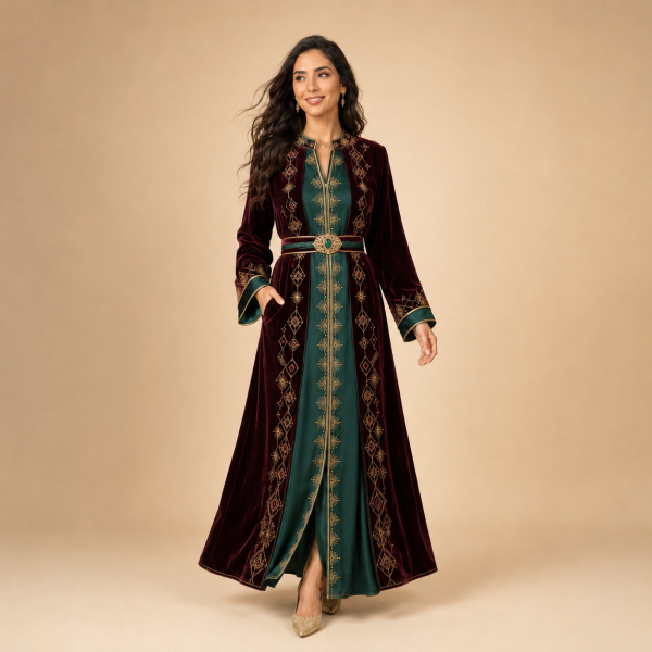 52 Back view of a wine-red Moroccan caftan with an emerald panel, gold motifs and contrasting cuffs