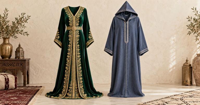 Side-by-side editorial view of an emerald Moroccan caftan and a slate blue hooded djellaba