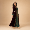 53 Back view of a wine-red Moroccan caftan with an emerald panel, gold motifs and contrasting cuffs