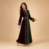54 Back view of a wine-red Moroccan caftan with an emerald panel, gold motifs and contrasting cuffs