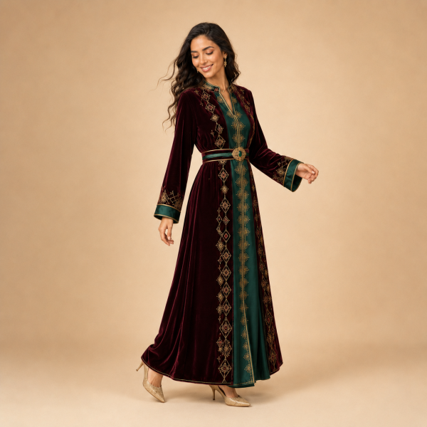 54 Back view of a wine-red Moroccan caftan with an emerald panel, gold motifs and contrasting cuffs