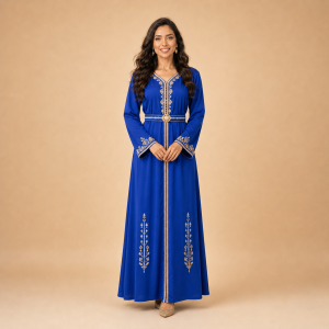Front view of a royal blue Moroccan caftan with gold botanical detailing and a matching circular-buckle belt