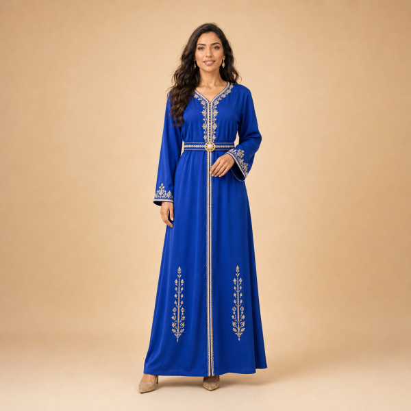 56 Back view of a royal blue Moroccan caftan with gold botanical motifs on the lower skirt and decorated cuffs