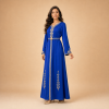 57 Back view of a royal blue Moroccan caftan with gold botanical motifs on the lower skirt and decorated cuffs
