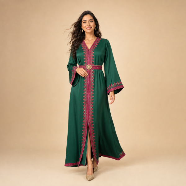 6 Additional full-length view of the emerald green Moroccan caftan showing its ruby-red trim and wide sleeves