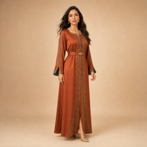 Front view of a copper orange Moroccan caftan with gold geometric detailing, turquoise-coloured accents and teal split cuffs