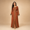 61 Back view of a copper orange Moroccan caftan with geometric gold-tone motifs, decorated sleeves and a matching belt