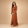 62 Back view of a copper orange Moroccan caftan with geometric gold-tone motifs, decorated sleeves and a matching belt