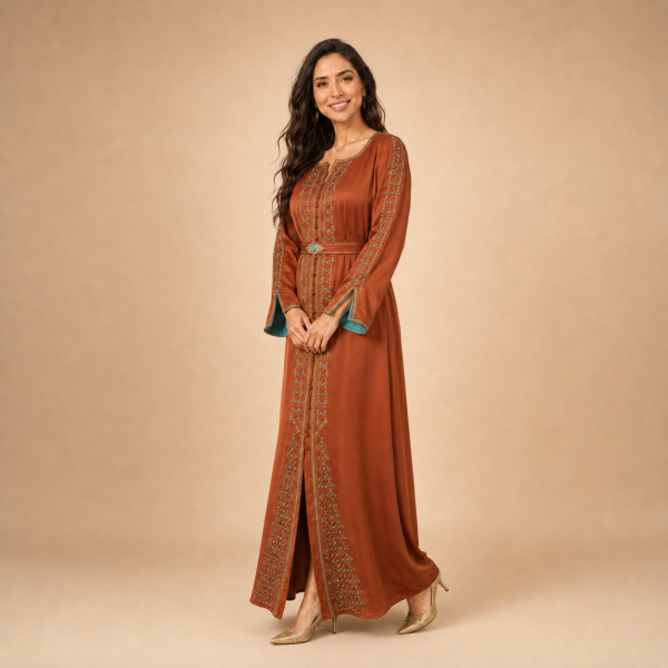 62 Back view of a copper orange Moroccan caftan with geometric gold-tone motifs, decorated sleeves and a matching belt