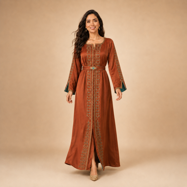 63 Back view of a copper orange Moroccan caftan with geometric gold-tone motifs, decorated sleeves and a matching belt