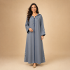 65+ Front view of a slate grey Moroccan djellaba with blue and silver-tone geometric detailing and wide sleeves